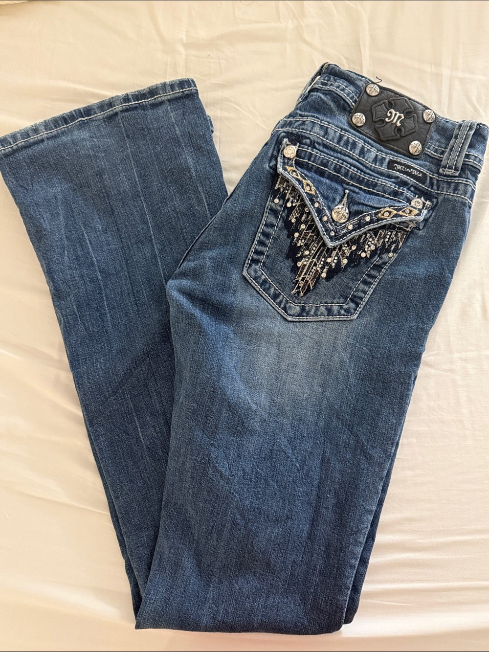 VTG Miss Me Blue Boot Cut Jeans with Beaded Fringe Pocket. Low Rise